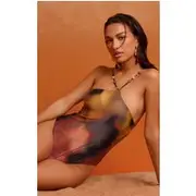 Multi Blurred Print Halter Neck Swimsuit, Multi