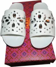 $295 Tory Burch BRAE White Leather Slide Sandals Flat Mules 7 Shoes