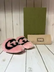 Gucci Interlocking G Faux Fur Slipper Mules Wild Rose Pink/Black Sz 35.5 / 5.5