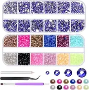 Glarks 4403pcs Rhinestone Gems and Flat Back Pearl Set, 2MM 3MM 4MM 5MM Deep Blue Flat Back Gems Crystal Rhinestones, 3MM Flatback Pearl Half Pearl Half Round Flat Back Pearl with 3pcs Tools