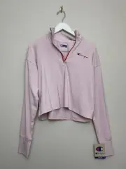 Womens Champion Cropped Top Shirt Size Medium Pink 3/4 Zip Long Sleeve Stretch