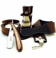 WOODEN STRAIGHT RAZOR STROP, BOWL, BRUSH, STAND SHAVING SET IN GIFT BOX FOR XMAS