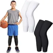 [BLAZDEVE] 2 Pairs Kid Leg Sleeves Basketball Leg Sleeve, Long Leg Compression Sleeve, Non Slip UV Protection Cycling Leg Sleeves for Boy Girl Youth Basketball Running Sport (Black and White)