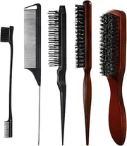 FOTOEVFC Boar Bristle Hair Brush Set, 5pcs - Slick Back, Teasing, Quiff Roller, Anti-Static, Black