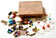 Antique OLD LACE Making Bobbin SPANGLES BEADS 1900's Never Used w/Tags Box 70pc