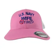 US Navy Wife Retired Pink White Embroidered Blue Baseball Hat Flexfit READ