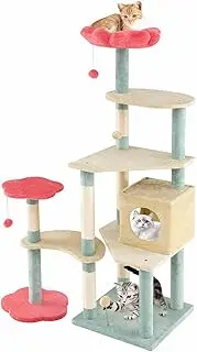 Costway 155 cm Tall Cat Tree, Multi-Level Aesthetic Floral Kitten Tower w/Flower-Shaped Plush Padded Perch, Condo, Sisal Scratching Posts, Dangling Ball, Indoor Cat Climbing Furniture (155 cm)