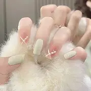 RYUUSEI Press on Nails Medium, White Fake Nails Square Acrylic False Pink Nails,Artificial Rhinestone Nails for Women and Girls 24 pcs