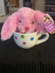 PLUSH PINK BUNNY IN POLKA DOT COFFEE MUG EASTER BUNNY NEW WITH TAGS CUTE GIFT