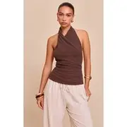 Chocolate Textured Twisted Halter Neck Long Top, Chocolate