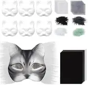 Therian Mask Kit Realistic Blank Half Face Cat Mask with Felt Fabric Sheet, Plush Faux Furs & Eye Mesh Decorative Animal for Masquerade, Cosplay Party Fox Furry