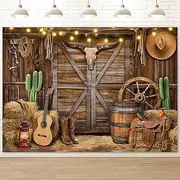 Humkat Western Cowboy Backdrop Banner, 7X5FT Wild West Rustic Wooden Barn House Photography Background for Western Party Decoration, Rodeo Backdrop for Kid Birthday Party, Reusable and Washable