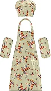 AIXIWAWA Kids Apron Chef Hat Set, Child Kitchen Bib Aprons Adjustable for Cooking Baking Painting (Cute Monkey Fishing)