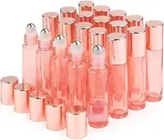 DMuuuDM 20Pcs 10ml/0.33 oz Pink Essential Oil Roller Bottle,Empty Glass Roll-On Vials with Stainless Steel Roller Ball,Rose Gold Lid,Glass Roller Bottle for Oil Blends,Perfume-Opener&Dropper Included