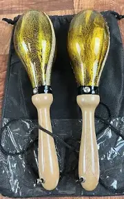 Maracas Leather, Professional, Painted Black & Gold Design W/ Bag, Salsa Model.