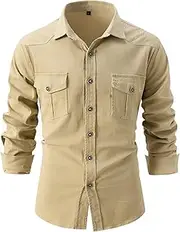 [DGHM-JLMY] Men's Classic Army Long Sleeve Denim Shirt Epaulette Military Safari Cowboy Shirt Tactical Hiking Jean Shirt