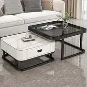 EKDJSN Nesting Coffee Table Set of 2, Nesting Tables with Tempered Glass and Drawer Storage, Only 0.4m² Floor Space, Stacking Tables for Living Room, Office, No Need Assembly(White+Black)