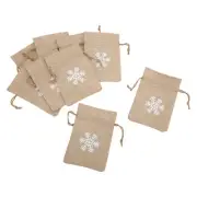 9Pcs Linen Gift Bag Retro Printed White Snowflakes Drawstring Burlap Bags