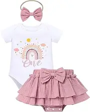 [FYMNSI] Baby Girl First Birthday Cake Smash Outfit Boho Rainbow Romper Skirted Shorts Headband 3pcs Summer Clothes Set