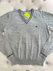 New ETRO Milano Pullover Wool Knit Logo V Neck Light Gray Sweater Men's L size