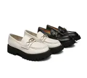 EVERAU® Women Leather Gold Buckle Platform Chunky Loafers Patty - Black / AU Ladies 7 / AU Men 5 / EU 38