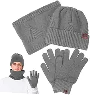 [ROMISBABA] Winter Hat Scarf Gloves Men Warm Knit Beanie Neck Scarf Touchscreen Gloves Grey Outdoor Accessories for Cold Weather