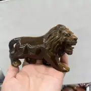 390g Natural Tiger's eye Quartz Hand Carved Lion Crystal Skull Decor Gift