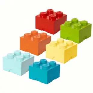 【LEGO 樂高】樂高4凸收納盒 Storage Brick 6色組合 紅 橘 天藍 亮黃綠 冰黃 蔚藍(樂高收納盒)