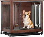 Dog Crate Furniture, 32" Dog Kennel Furniture, Small Dog Kennel Indoor, Dog Crates for Small Dogs, Wooden Dog Crate with Wheels, Tray, Feeding Window