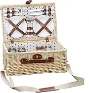 Picnic Basket Set for 4 Persons,Willow Picnic Basket Handmade Natural Wicker Hamper Basket with Tableware Set for Outdoor Picnic Or Camping,Perfect Thoughtful Gift(White)