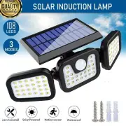 3 Head 108LEDs Solar Motion Sensor Light Outdoor Garden Wall Security Flood Lamp