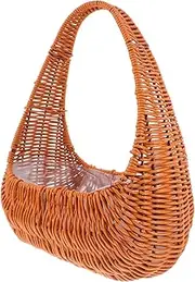 GREENADSCAPE Imitation Handwoven Wicker Basket Purse for Women Chic Brown Straw Tote Bag for Summer Beach Casual Vacation Rattan Flower Basket with Handle for Storage and Decorations