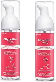 Glycolite Max Foaming Skin Lightening Face Wash 60ml | Pack of 2 | Glycolic Acid 6%, AHA & BHA | Skin Brightening, Minimize Pores, Dead Skin Remover, Fights Acne | For Men and Women | Made In India