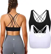 [Evercute] Cross Back Sport Bras Padded Strappy Medium Support Cropped Bras for Yoga Workout Fitness Bras, Balck White 2 Pack, Large