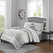 Madison Park Quilt Set Luxurious Jacquard Stripes Design - All Season, Coverlet Bedspread Lightweight Bedding Layer, Shams, Decorative Pillow, Full/Queen(90"x90"), Geometric Grey 4 Piece