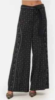 Camilla Franks Crystal Wide leg Espiritu Paperbag Black 100% Silk Pants L Large