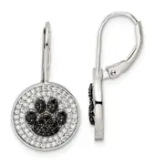 Sterling Silver Rhodium-Plated Polished Cz Paw Print Leverback Earrings