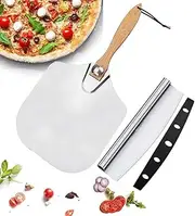 Mofish Pizza Peel and Cutter Set for Oven - Aluminum Paddle With Folding Wood Handle, Stainless Steel Spatula Slicer for Baking Pies, Breads and Pastries