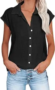 [Generic] Casual Solid Color Short Sleeve T Shirts for Women Button Down Breathable Summer Top Stretchy Comfort Workwear Outfits