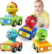 REMOKING Dinosaur Toys for 1 2 Year Old Boys, 4 Pack Baby Press and Go Cars for Toddlers 1-3, First Push Go Friction Play Vehicle Set,1st Birthday Gifts for Boys Girls 12 18 24 Months