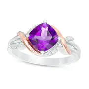 7.0mm Cushion-Cut Amethyst and 0.040.04 CT. T.W. Natural Diamond Overlay Frame Ring in Sterling Silver and Solid 10K Rose Gold