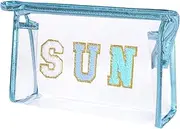 FACAICAI Clear Preppy Patch Makeup Bag, Sun Chenille Letter Bag for Beach, Clear Pouch with Zipper, Preppy Travel Bags Clear Cosmetic Toiletry Bag for Women Girls Teens (Blue)