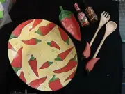 Clay Art Chili Fiesta Salad Bowl/Platter w/Fork & Spoon, Chip Dip Set & Hot Sauc