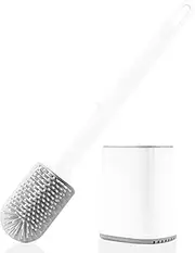 Premium Silicone Toilet Brush and Holder Set, Long Handled, Quick Drying Container, Ventilated Base, Wall Mountable (White)