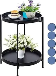 2 Tier Round Side Table, 15.7 Inch Folding Coffee Table with Removable Tray, Outdoor Side Table Small Accent Table, Bedroom Balcony Patio Nightstand (Black)