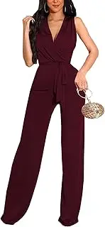 [ZonJie] Women's Summer Casual Jumpsuits Short Sleeve Button Up Cute Loose Drawstring Waist Wide Leg Jumpsuit Romper, 749bburgundy, Large