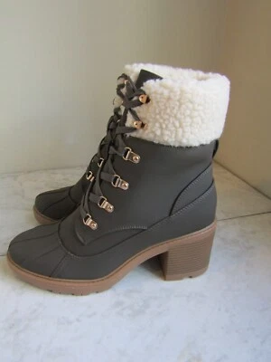 NIB Just Fab Elie Sherpa Army Green Fatigue Lace Up Boot Block Heel Women's 9.5