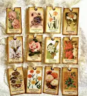 Flower of the Month Vintage Style 12 Gift Hang Tags~Junk Journal Ephemera~#110R