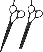 WOFASHPURET 2PCS Professional Hairdressing Scissors Black Barber Shears Thinning Scissor Straight Scissor for Salon and Home Use Design for Precision Cutting