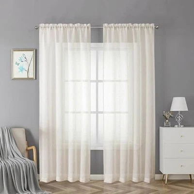 Doris Sheer Linen Curtains 84 Inch Length 2 Panels Set, Solid Slub Natural